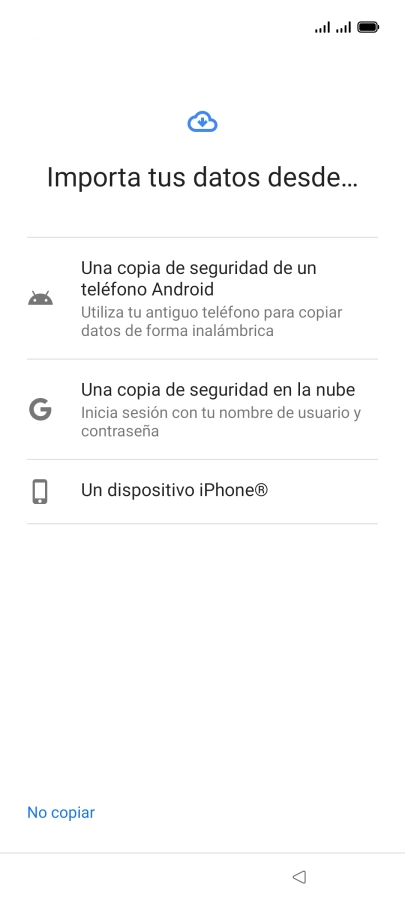 Pulsa el ajuste deseado y sigue las instrucciones de la pantalla para transferir el contenido del otro teléfono.