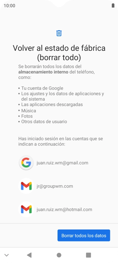 Pulsa Borrar todos los datos.
