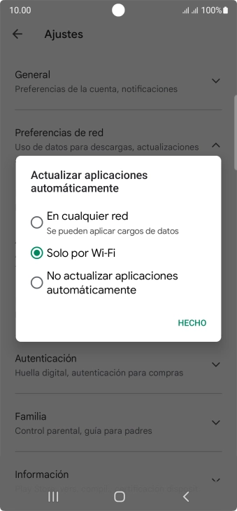 Para activar la actualización automática de apps utilizando la red móvil, pulsa En cualquier red.