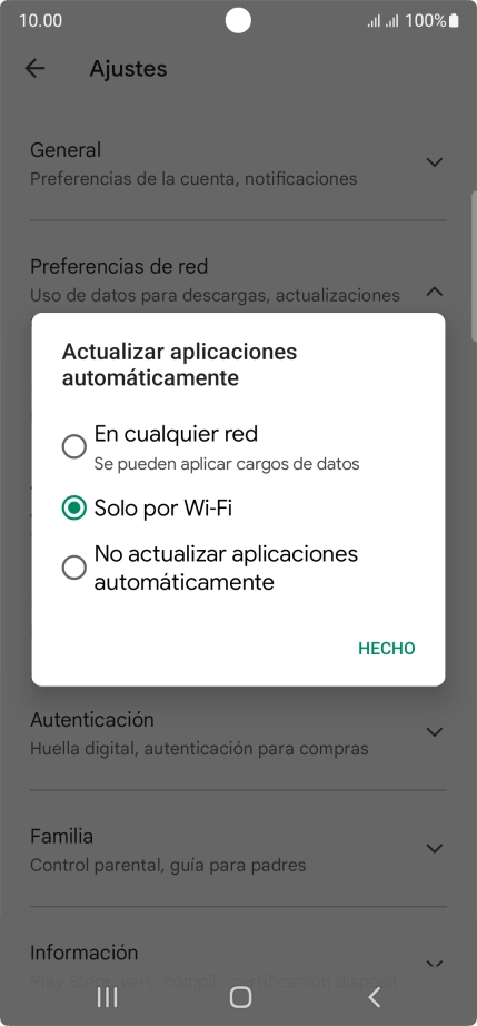 Para activar la actualización automática de apps utilizando la red móvil, pulsa En cualquier red.