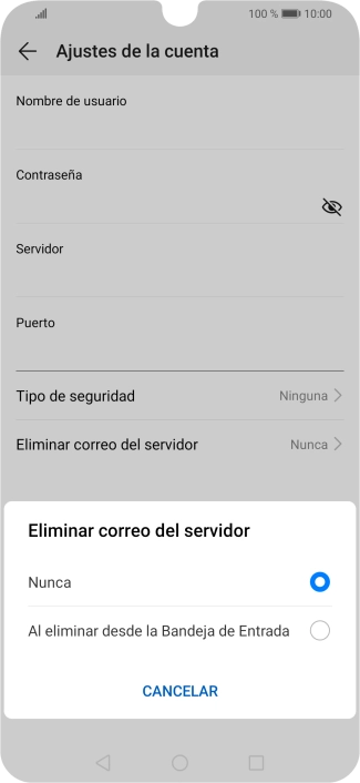 Pulsa Nunca para conservar los correos electrónicos en el servidor cuando los borras del teléfono.