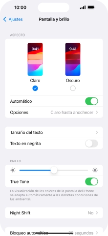 Si activas la función, pulsa Opciones y sigue las indicaciones de la pantalla para seleccionar el período de tiempo que debe durar el Modo Oscuro.