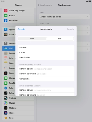 Pulsa Nombre de host e introduce el nombre del servidor de correo de entrada de tu proveedor de correo electrónico.