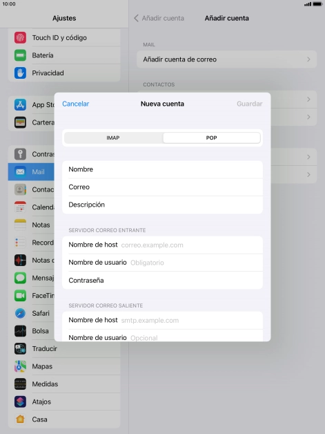 Pulsa Nombre de host e introduce el nombre del servidor de correo de entrada de tu proveedor de correo electrónico.