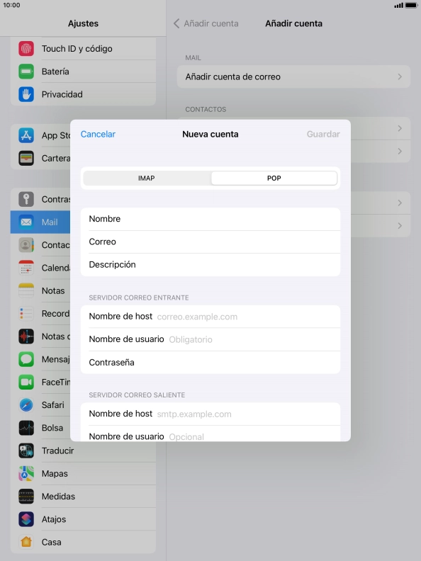 Pulsa Nombre de host e introduce el nombre del servidor de correo de entrada de tu proveedor de correo electrónico.