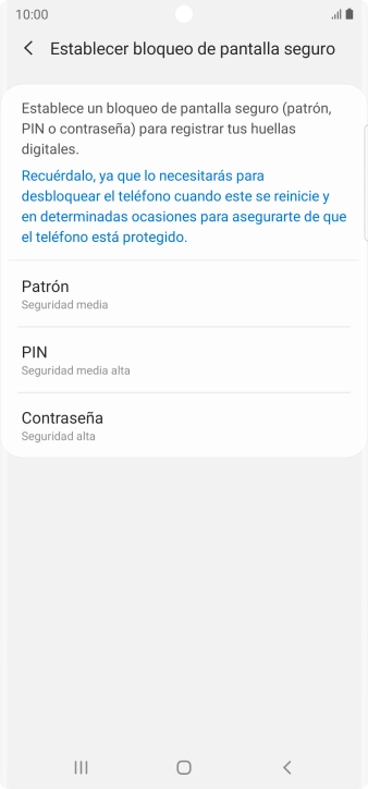 Pulsa el código de seguridad deseado y sigue las indicaciones de la pantalla para crear un código de seguridad del teléfono adicional.