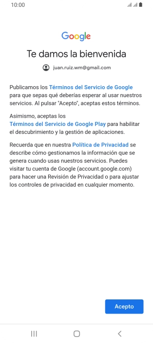 Pulsa Acepto y sigue las indicaciones de la pantalla para seleccionar los ajustes de tu cuenta de Google.