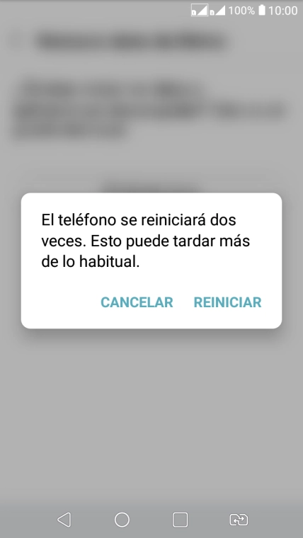 Pulsa REINICIAR. Espera unos instantes mientras el teléfono restablece la configuración predeterminada. Sigue las indicaciones de la pantalla para configurar el teléfono y dejarlo listo para su uso.