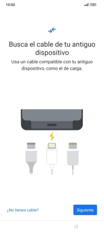 Si tienes un cable que pueda conectar ambos teléfonos, inserta el cable y sigue las instrucciones de la pantalla para transferir contenido a tu teléfono. Si no tienes un cable, pulsa ¿No tienes cable?.