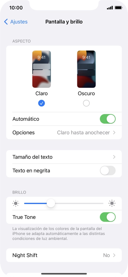 Si activas la función, pulsa Opciones y sigue las indicaciones de la pantalla para seleccionar el período de tiempo que debe durar el Modo Oscuro.