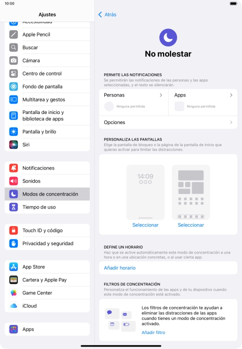 Pulsa Personas y sigue las indicaciones de la pantalla para seleccionar de qué contactos quieres recibir llamadas y notificaciones cuando No molestar está activado.