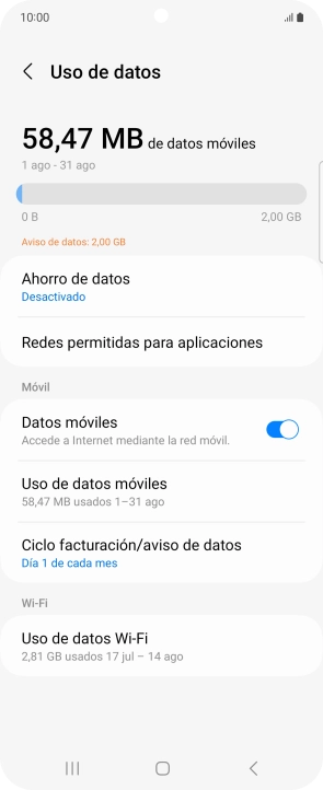 El consumo total de datos se visualiza ahora en la pantalla.