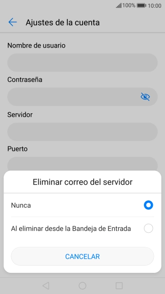 Pulsa Nunca para conservar los correos electrónicos en el servidor cuando los borras del teléfono.