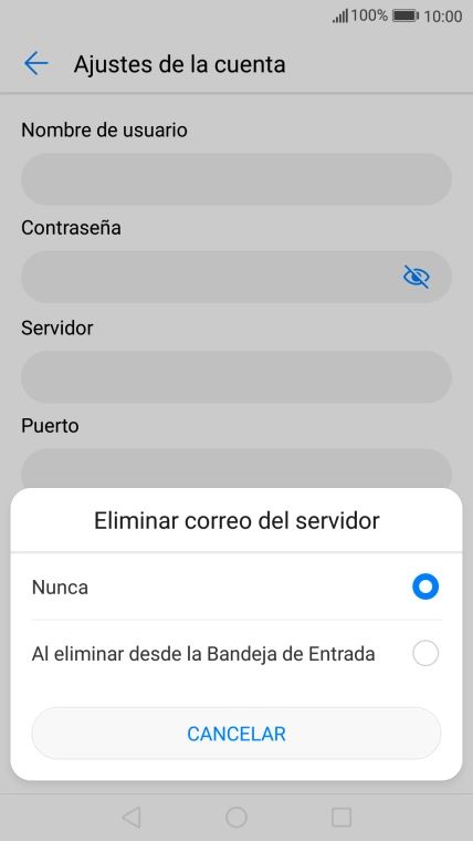 Pulsa Nunca para conservar los correos electrónicos en el servidor cuando los borras del teléfono.