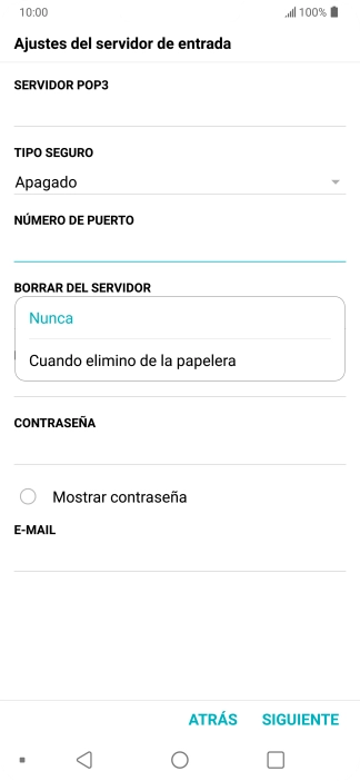 Pulsa Nunca para conservar los correos electrónicos en el servidor cuando los borras del teléfono.