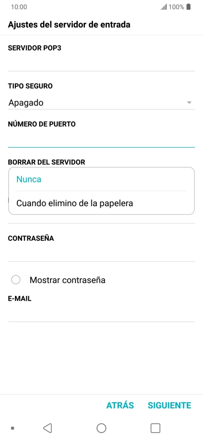 Pulsa Nunca para conservar los correos electrónicos en el servidor cuando los borras del teléfono.