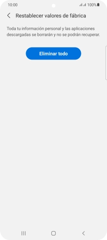 Pulsa Eliminar todo. Espera unos instantes mientras el teléfono restablece la configuración predeterminada. Sigue las indicaciones de la pantalla para configurar el teléfono y dejarlo listo para su uso.