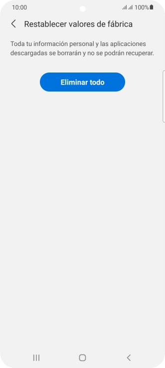 Pulsa Eliminar todo. Espera unos instantes mientras el teléfono restablece la configuración predeterminada. Sigue las indicaciones de la pantalla para configurar el teléfono y dejarlo listo para su uso.