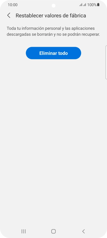 Pulsa Eliminar todo. Espera unos instantes mientras el teléfono restablece la configuración predeterminada. Sigue las indicaciones de la pantalla para configurar el teléfono y dejarlo listo para su uso.