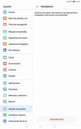Pulsa RESTABLECER. Espera unos instantes mientras la tablet restablece la configuración predeterminada. Sigue las indicaciones de la pantalla para configurar la tablet y dejarla lista para su uso.