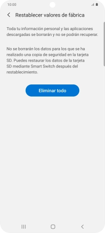 Pulsa Eliminar todo. Espera unos instantes mientras el teléfono restablece la configuración predeterminada. Sigue las indicaciones de la pantalla para configurar el teléfono y dejarlo listo para su uso.