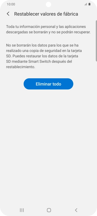 Pulsa Eliminar todo. Espera unos instantes mientras el teléfono restablece la configuración predeterminada. Sigue las indicaciones de la pantalla para configurar el teléfono y dejarlo listo para su uso.