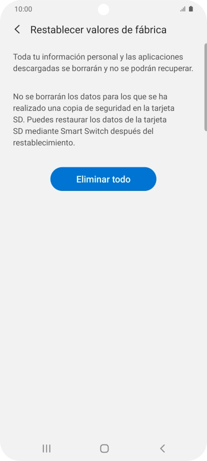 Pulsa Eliminar todo. Espera unos instantes mientras el teléfono restablece la configuración predeterminada. Sigue las indicaciones de la pantalla para configurar el teléfono y dejarlo listo para su uso.