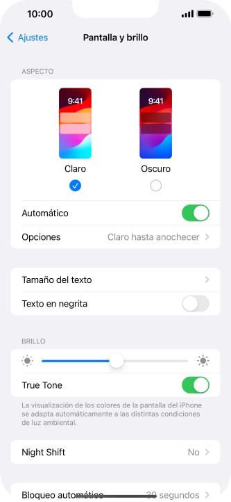 Si activas la función, pulsa Opciones y sigue las indicaciones de la pantalla para seleccionar el período de tiempo que debe durar el Modo Oscuro.