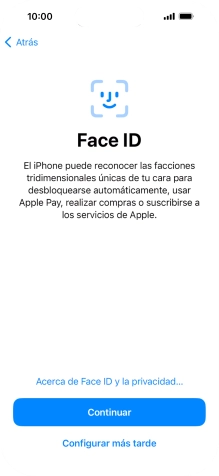 Sigue las indicaciones de la pantalla para activar el uso del reconocimiento facial (Face ID) o pulsa Configurar más tarde.