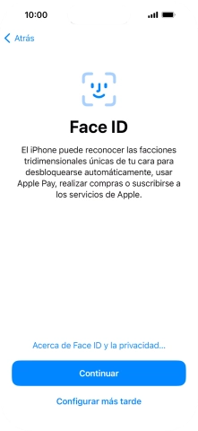 Sigue las indicaciones de la pantalla para activar el uso del reconocimiento facial (Face ID) o pulsa Configurar más tarde.