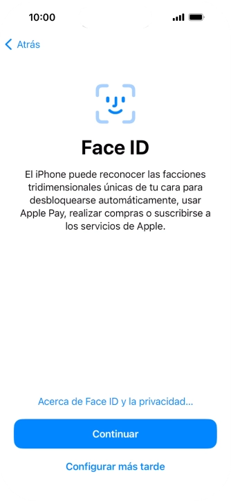 Sigue las indicaciones de la pantalla para activar el uso del reconocimiento facial (Face ID) o pulsa Configurar más tarde.