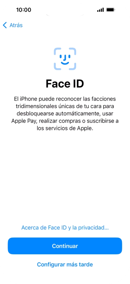 Sigue las indicaciones de la pantalla para activar el uso del reconocimiento facial (Face ID) o pulsa Configurar más tarde.