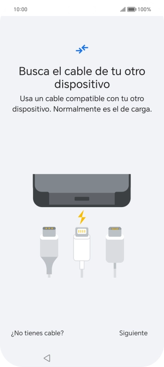 Si tienes un cable que pueda conectar ambos teléfonos, inserta el cable y sigue las instrucciones de la pantalla para transferir contenido a tu teléfono. Si no tienes un cable, pulsa ¿No tienes cable?.