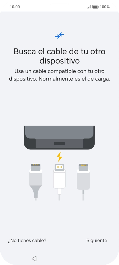 Si tienes un cable que pueda conectar ambos teléfonos, inserta el cable y sigue las instrucciones de la pantalla para transferir contenido a tu teléfono. Si no tienes un cable, pulsa ¿No tienes cable?.