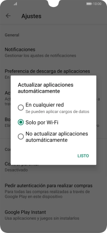 Para activar la actualización automática de apps utilizando la red móvil, pulsa En cualquier red.