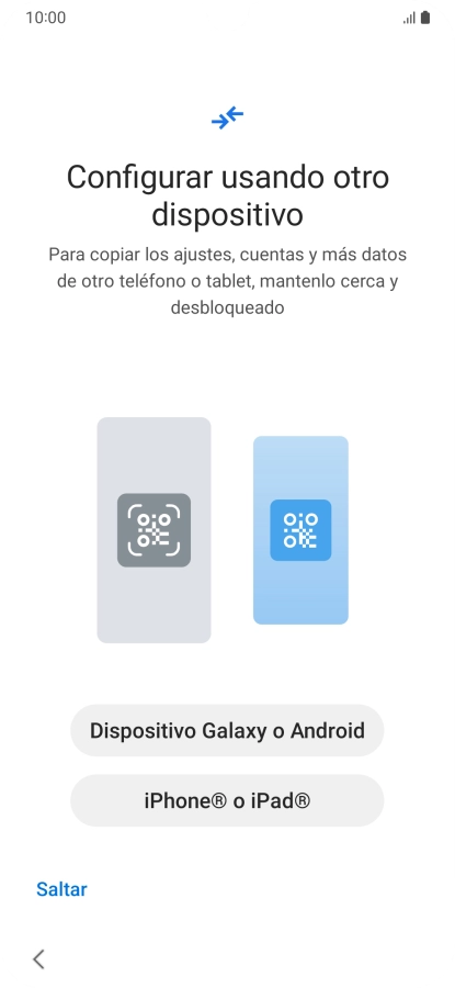 Pulsa la opción deseada para transferir contenido desde otro dispositivo y pulsa Saltar.
