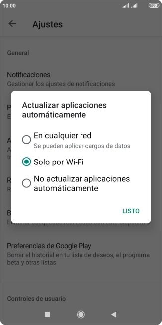 Para activar la actualización automática de apps utilizando la red móvil, pulsa En cualquier red.