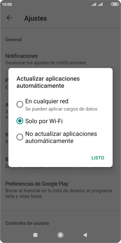 Para activar la actualización automática de apps utilizando la red móvil, pulsa En cualquier red.