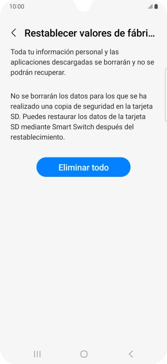Pulsa Eliminar todo. Espera unos instantes mientras el teléfono restablece la configuración predeterminada. Sigue las indicaciones de la pantalla para configurar el teléfono y dejarlo listo para su uso.