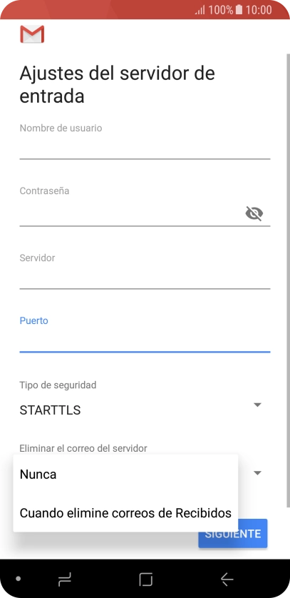 Pulsa Nunca para conservar los correos electrónicos en el servidor cuando los borras del teléfono.
