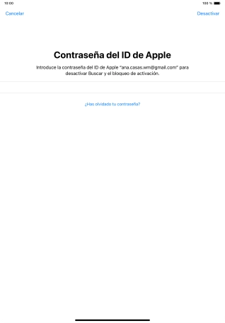 Introduce la contraseña de tu ID de Apple y pulsa Desactivar. Espera unos instantes mientras la tablet restablece la configuración predeterminada. Sigue las indicaciones de la pantalla para configurar la tablet y dejarla lista para su uso.