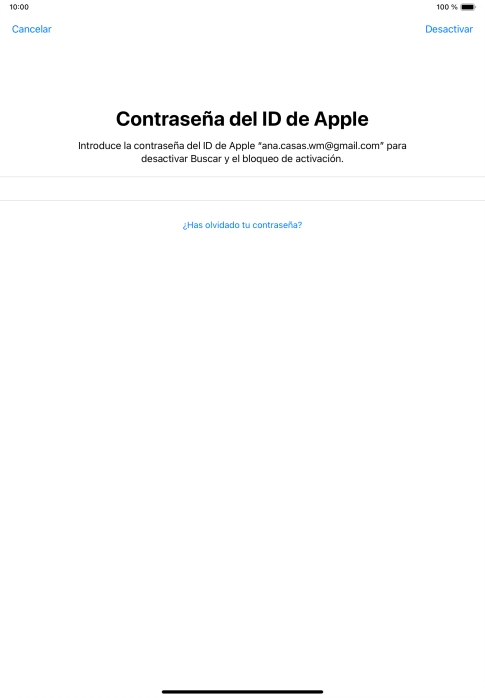 Introduce la contraseña de tu ID de Apple y pulsa Desactivar. Espera unos instantes mientras la tablet restablece la configuración predeterminada. Sigue las indicaciones de la pantalla para configurar la tablet y dejarla lista para su uso.