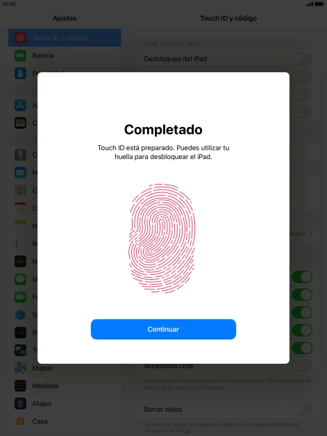 Pulsa Continuar. Si no has añadido anteriormente un código de seguridad, tendrás que introducir un código de libre elección dos veces consecutivas.