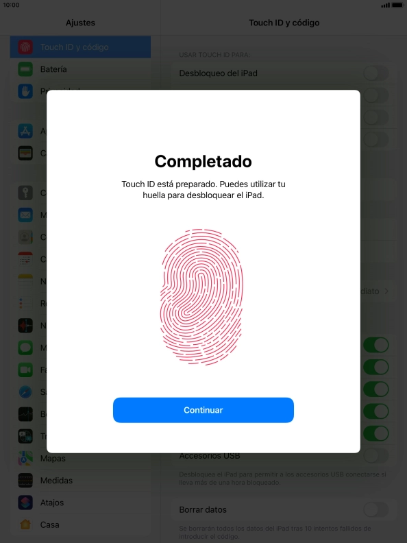 Pulsa Continuar. Si no has añadido anteriormente un código de seguridad, tendrás que introducir un código de libre elección dos veces consecutivas.