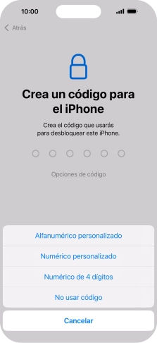Sigue las indicaciones de la pantalla para activar el uso del código de seguridad o pulsa No usar código.