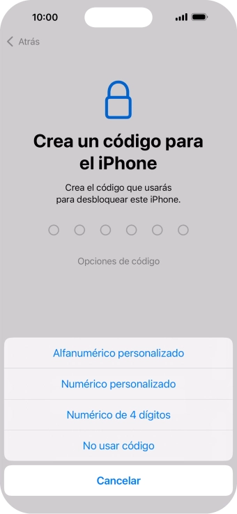 Sigue las indicaciones de la pantalla para activar el uso del código de seguridad o pulsa No usar código.