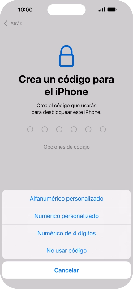 Sigue las indicaciones de la pantalla para activar el uso del código de seguridad o pulsa No usar código.