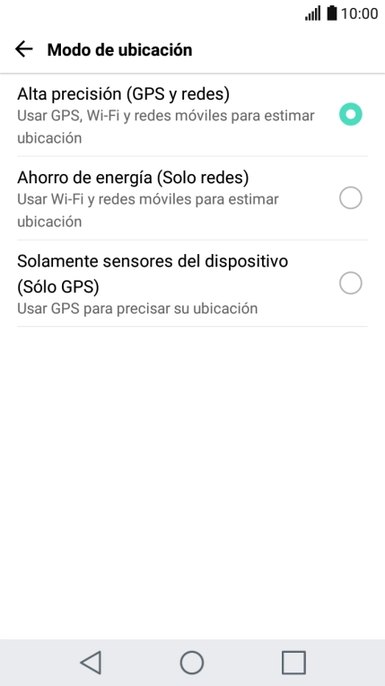 Si seleccionas Alta precisión (GPS y redes), el teléfono podrá encontrar tu posición exacta con ayuda de los satélites GPS, la red móvil y una red wifi cercana. El GPS por satélite requiere vista libre al cielo.