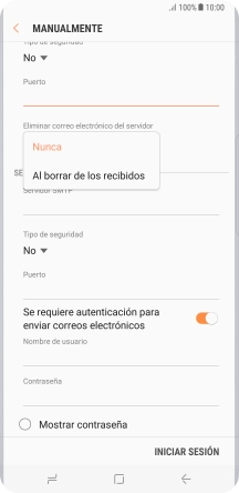 Pulsa Nunca para conservar los correos electrónicos en el servidor cuando los borras del teléfono.