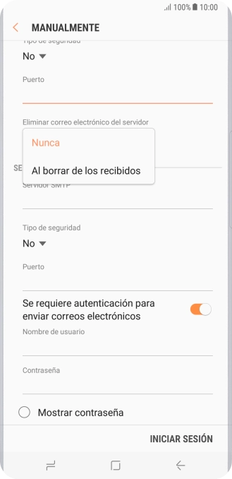 Pulsa Nunca para conservar los correos electrónicos en el servidor cuando los borras del teléfono.